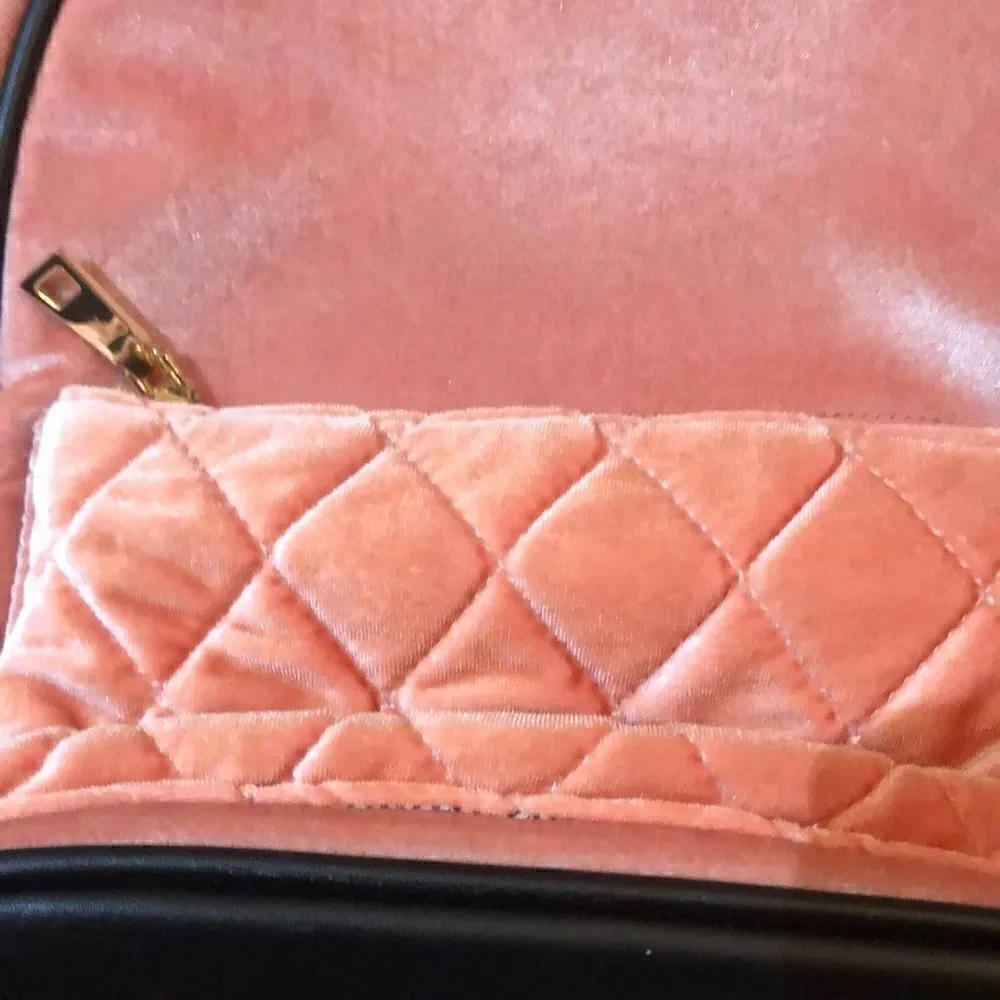 Peach velvet, backpack with black faux leather